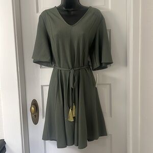 Olive Green Dress with Gold Tassled Tie Waist by Tash + Sophie. Sz M - NWT